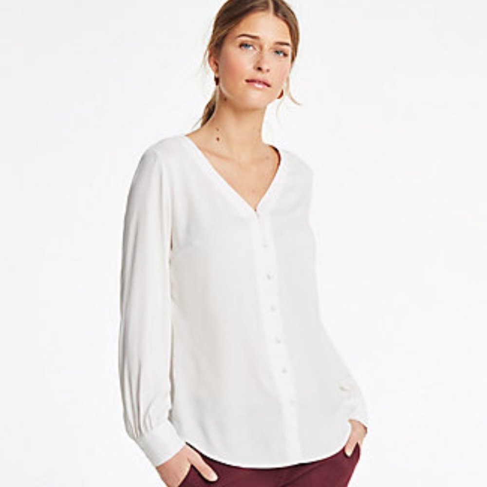 Ann Taylor V-neck Blouse Winter White L NWT